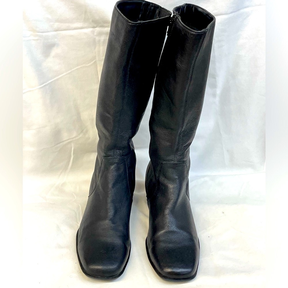 White stage Black Leather Knee-High heel Boots ladies sz 6.5w